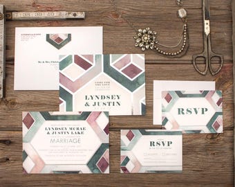 Modern Geometric Watercolour Tile Pattern Wedding Invitations & Stationery - SAMPLE -  Artwork by Alicia's Infinity