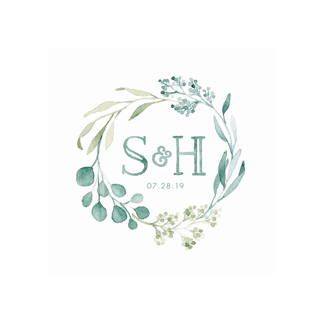 PERSONALIZED Greenery Watercolor Wreath Monogram - Wedding or Family ...