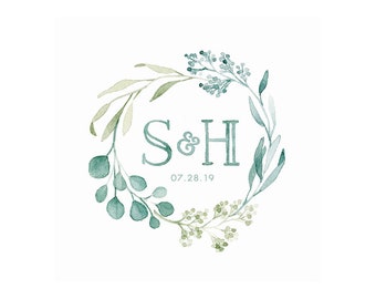 PERSONALIZED Greenery Watercolor Wreath Monogram - Wedding or Family Monogram - Watercolour by Alicia's Infinity