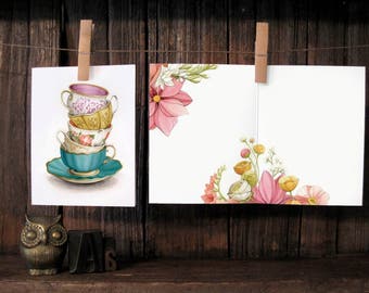 Vintage Teacup Stack Blank Card - &quot;Tea for Five&quot; - Antique Teacup artwork - Tea Party Thank You Cards - Artwork by Alicia&#39;s Infinity