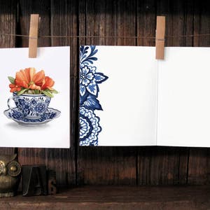 Delft Blue Teacup with Flowers Notecard - Antique Blue Willow Teacup artwork - Tea Party Thank You Card - Artwork by Alicia&#39;s Infinity