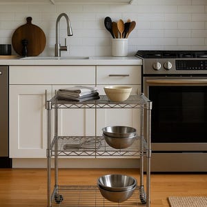 Vintage Stainless Steel Cart - Rolling Trolley with Wheels for Kitchen & Office Organization, Modern Minimalist Home Storage Solution