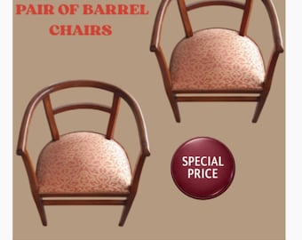 Vintage 1930s Barrel Armchairs Pair Restored Art Deco Wooden Upholstered Heirloom Chairs - Special Price
