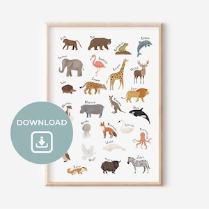 Tier Alphabet Kinder Digital Download | Alphabet-Bild | ABC lernen | Tier Poster | Kinderzimmer-Poster | Wanddekoration | Geschenk