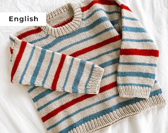 Nordic Stripes Kids Sweater Knitting Pattern PDF – Top Down Raglan, Sizes 1–14 Years, Instant Download  | Beginner Friendly Knit Pattern