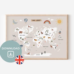 Wereldkaart voor kinderkamer digitale download | Jongens | Meisjes | Wanddecoratie | Cadeau-idee | Montessori-poster | Op de natuur geïnspireerd decor voor kinderen