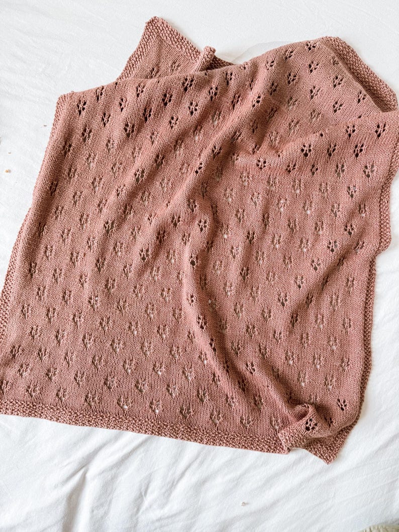 May include: A dusty rose knitted blanket featuring a repeating eyelet lace pattern throughout the fabric. The blanket has a garter stitch border along the edges, creating a textured frame for the delicate, openwork design in the centre.