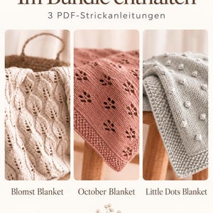 May include: A digital bundle containing 3 PDF knitting patterns for blankets. The image displays three knitted blankets: a cream leaf-patterned Blomst Blanket, a dusty rose lace-patterned October Blanket, and a light gray bobble-textured Little Dots Blanket.