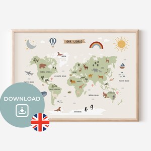 Mapa mundial para download digital de quarto infantil | Meninos | Meninas | Decoração de parede | Idéia de presente | Montessori Pôster | Decoração inspirada na natureza para crianças