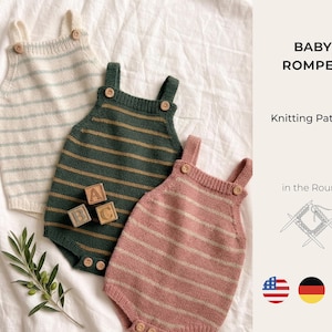 May include: Three knitted baby rompers in cream, dark green, and dusty pink, each with horizontal stripes and two wooden buttons on the straps. Text reads BABY ROMPER Knitting Pattern in the Round, accompanied by a small illustration of knitting needles.