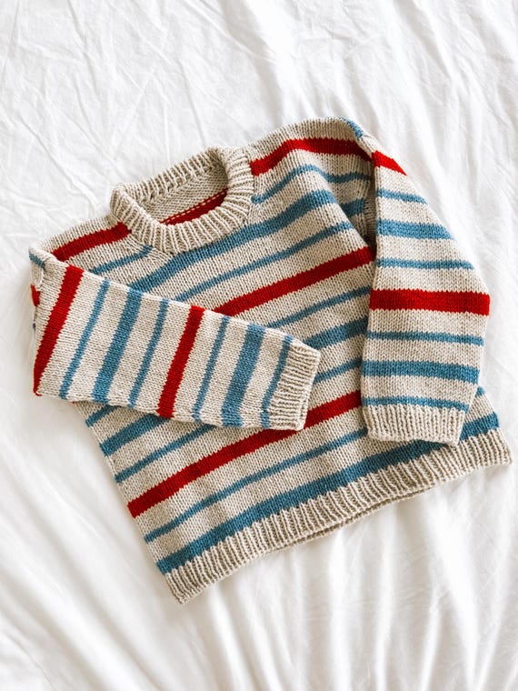 Nordic Stripes Kids Sweater Knitting Pattern PDF – Top Down Raglan, Sizes 1–14 Years, Instant Download  | Beginner Friendly Knit Pattern