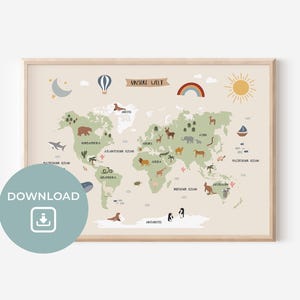 Weltkarte für das Kinderzimmer Digital Download | Jungen | Mädchen | Wanddekoration | Geschenk