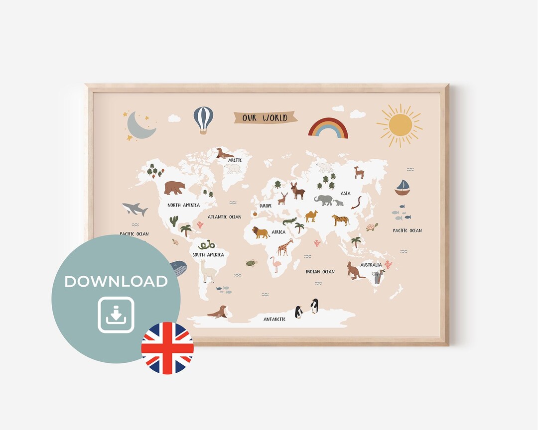 World Map for Kids Room Digital Download | Boys | Girls | Wall Decor ...