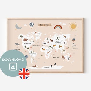 Wereldkaart voor kinderkamer digitale download | Jongens | Meisjes | Wanddecoratie | Cadeau-idee | Montessori-poster | Op de natuur geïnspireerd decor voor kinderen