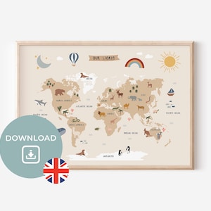 Download digitale della mappa del mondo per la cameretta dei bambini | Ragazzi | Ragazze | Decorazione da parete | Idea regalo | Poster Montessori | Decorazioni ispirate alla natura per bambini