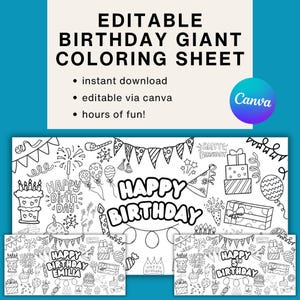 Bannière géante à colorier « Joyeux anniversaire » – Modèle sur toile modifiable – Activité de fête personnalisable pour les enfants – Poster d'anniversaire surdimensionné imprimable