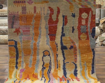 Alfombra de estilo marroquí abstracta tejida a mano con colorido patrón tribal moderno, decoración bohemia para el hogar.