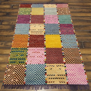 Hand-Knotted Multicolor Patchwork Wool Rug – Moroccan Berber Chevron Carpet