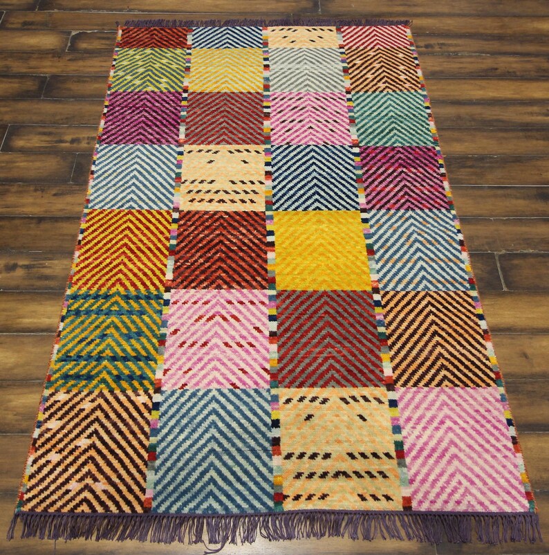 Hand-Knotted Multicolor Patchwork Wool Rug – Moroccan Berber Chevron Carpet