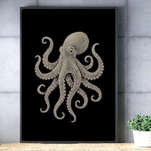 Black and Gold Octopus Print: Marine Life Illustration (Digital Download