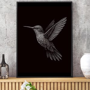 Hummingbird Wall Art Black & White Print | Bird Wildlife Illustration | Modern Country Home Decor | Nature Lover Gift | Canvas or Poster