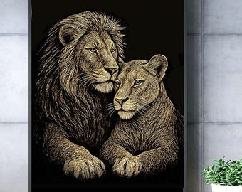 Art mural lion et lionne à imprimer | Imprimé animal noir et or | Illustration de la faune | Cadeau de décoration d'intérieur moderne | Téléchargement numérique