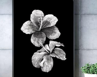 Hibiscus Flower Wall Art Printable | Black & White Tropical Floral