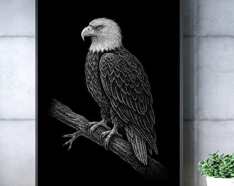 Stampa artistica da parete con aquila calva / Stampa di uccelli in bianco e nero / Illustrazione di animali selvatici / Regalo per la casa in stile country moderno / Download digitale