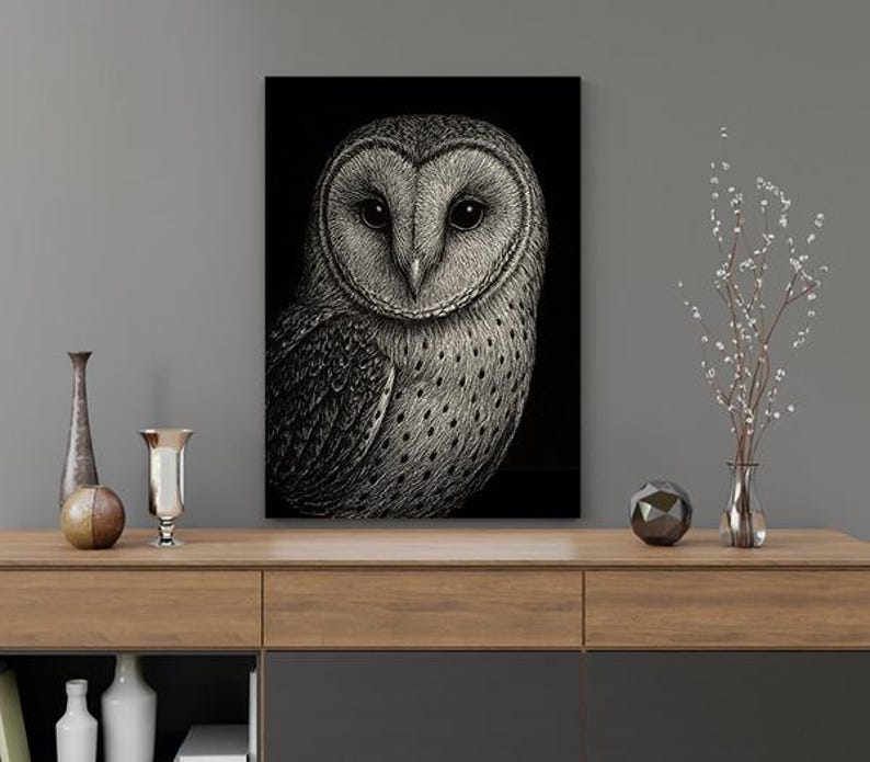 Barn Owl Wall Art Black & White Print | Wildlife Bird Illustration ...