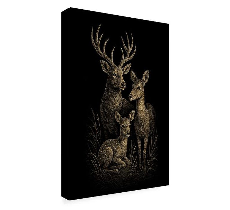 Deer Family Wall Art Black & Gold Print | Wildlife Illustration ...