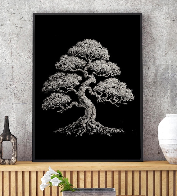 Bonsai Tree Wall Art Black & White Print | Zen Botanical Illustration |  Japanese Garden Decor | Minimalist Nature Gift | Poster or Canvas - Etsy