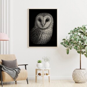 Barn Owl Wall Art Black & White Print | Wildlife Bird Illustration ...