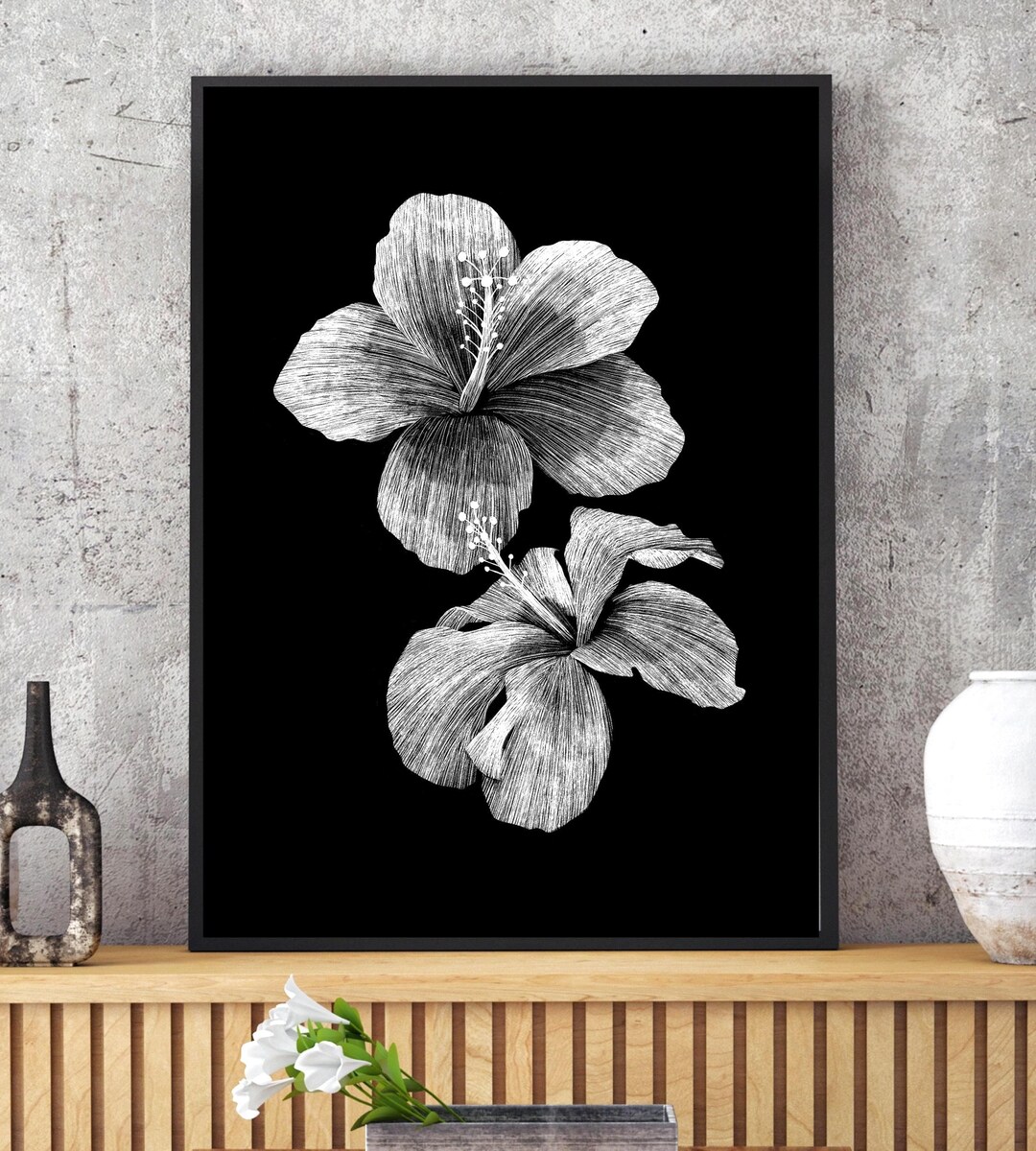 Hibiscus Flower Wall Art Black & White Print | Modern Botanical