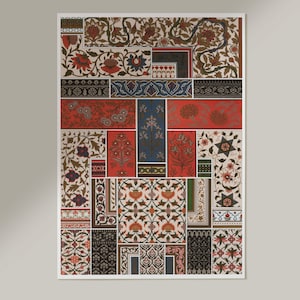 Könnte beinhalten: Eine Vintage-Illustration einer Sammlung von komplizierten Blumenmustern in verschiedenen Farben, darunter Rot, Blau, Grün und Schwarz. Die Muster sind in einem gitterartigen Format angeordnet und bilden ein optisch ansprechendes und komplexes Design.