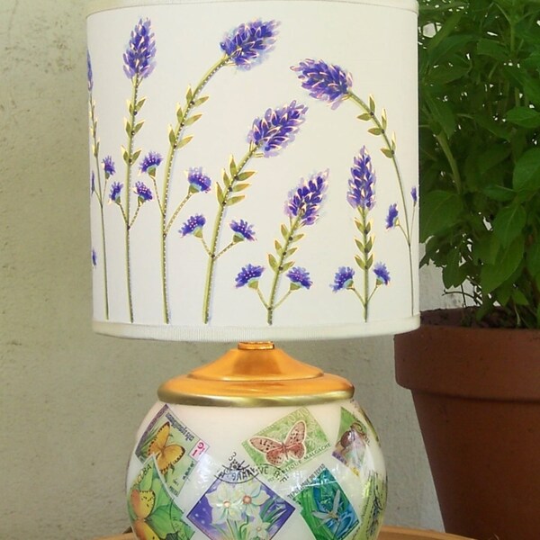 Reserved for Susan Lovely Lavender Ensemble  Lampshade on Reverse Decoupage Lamp Makes Perfect Accent Piece