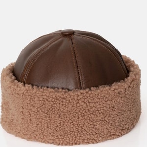 Brown Leather Fur Hat - Unisex 100% Sheepskin Shearling Winter Fur Beanie Hat - Handcrafted Leather Hat - Winter Unique Gift Ideas