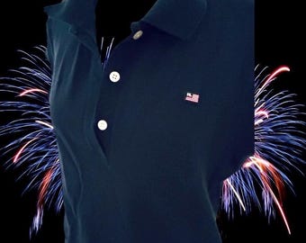 Ralph Lauren POLO JEANS co.- polo shirt Navy blue cap sleeve American FLAG patch slim fit style  sz. xl 4th of July