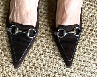 vintage GUCCI brown Suede Silver HORSEBIT Hardware pumps Heels sz. 8