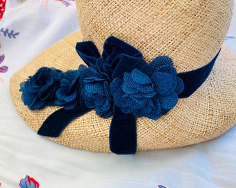 STRAW cloche SUN Racetrack wedding HAT with blue velvet flowers and trim