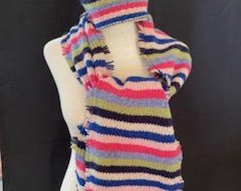 2 Pc Set IRISH WOOL Silk blend   Scarf and Beanie Hat unisex Fringed blue, pink, green & lavender  stripes SALE!!