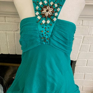 Sexy  BOHO Aqua Green layered  silk chiffon beaded HALTER TOP sz.L