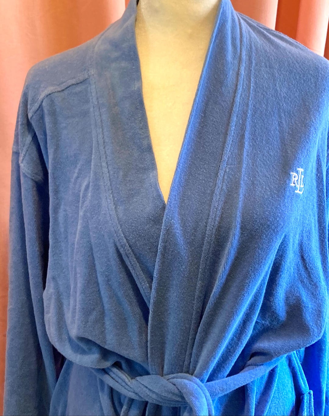 Vintage RALPH LAUREN Monogram Blue Terrycloth Unisex BATHROBE With