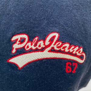 vintage Ralph Lauren POLO JEANS 67 navy short sleeve top with raised varsity lettering sz.xl