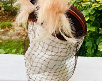 vintage 40's-50's brown felt and feather FASCINATOR with VEIL