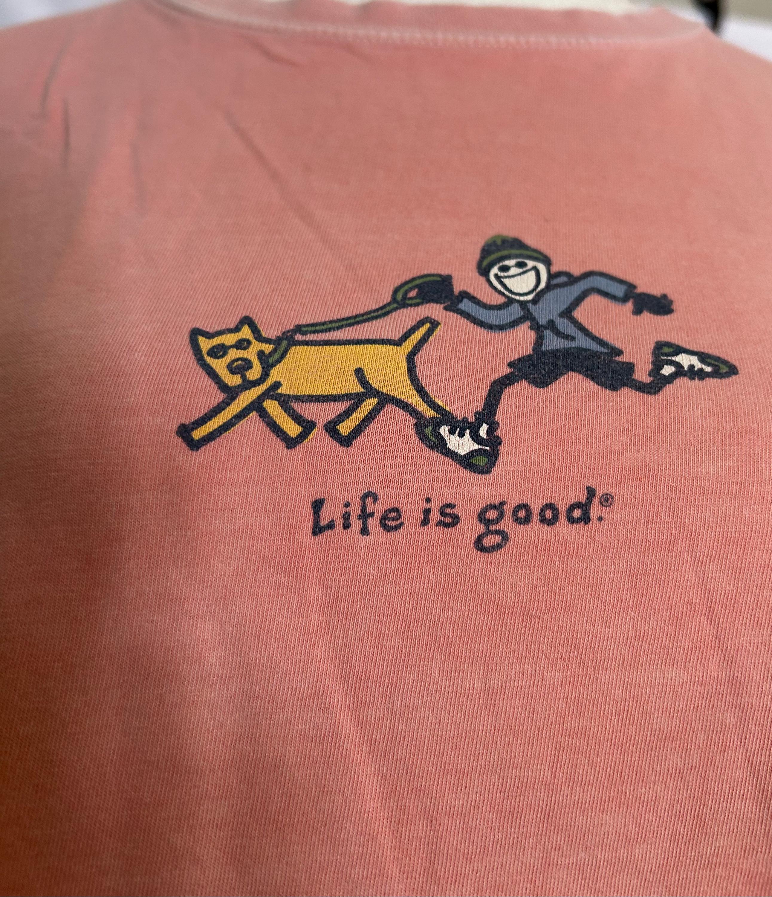 LIFE IS GOOD Orange Crusher short sleeve womans graphic tshirt "Jake and Rocket Dog Running" sz. xl