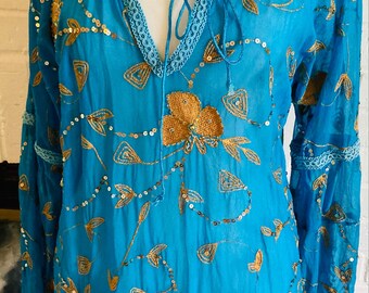 y2k Turquoise chiffon gold sequin embroidered BOHO BLOUSE Beach Cover up  sz. 10