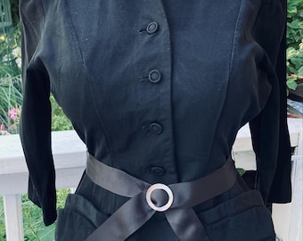 vintage 40's Black fitted Short Jacket with covered buttons and grograin belt with mother of pearl belt buckle