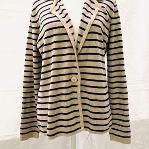 unisex lightweight tan & cobalt blue striped  knit CARDIGAN SWEATER BLAZER sz.L