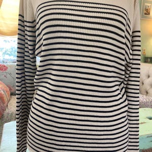 vintage 80&#39;s  Nautical Casual Corner black & ivory striped silk knit long sleeve lightweight top sz. xl
