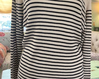 vintage 80&#39;s  Nautical Casual Corner black & ivory striped silk knit long sleeve lightweight top sz. xl